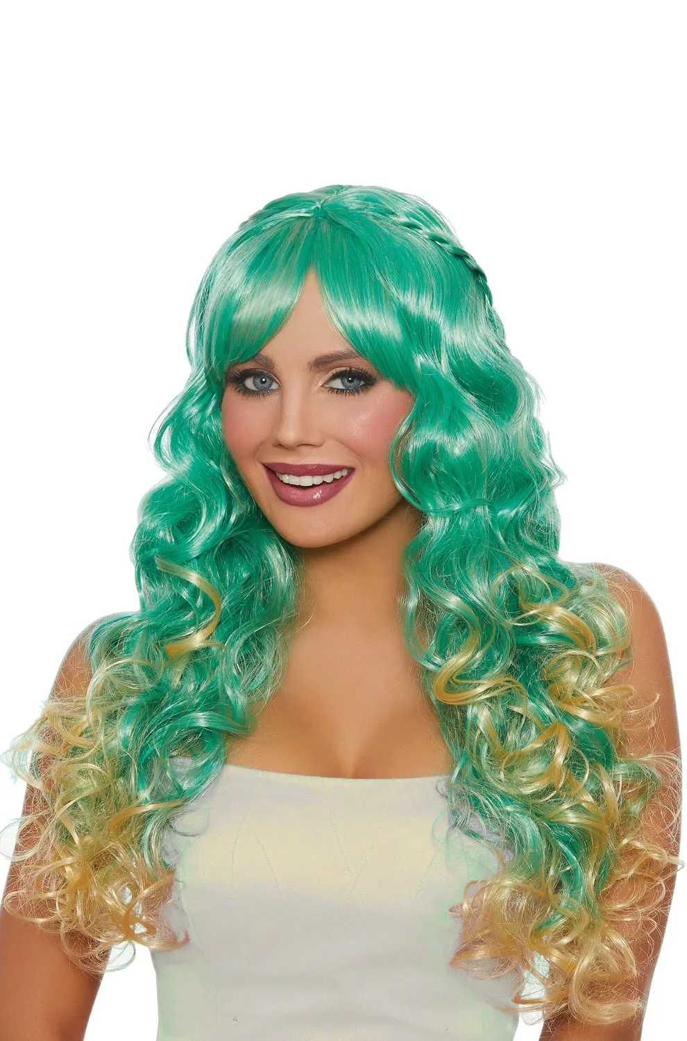 Long Wavy Ombre With Halo Braids Wig (Green/Honey) 3 Long Wavy Ombre With Halo Braids Wig (Green/Honey)